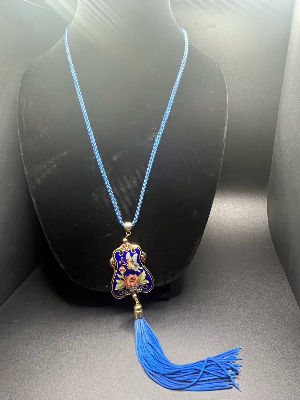 Vintage cloisonné butterfly floral tassel necklace